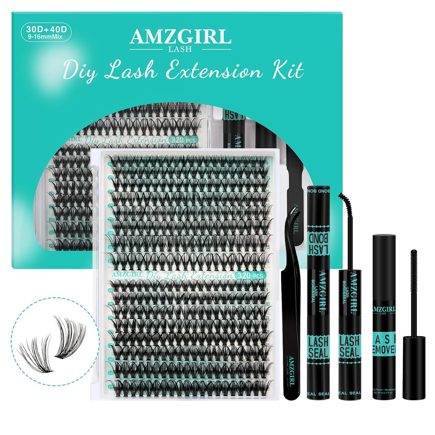 AMZGIRL DIY Lash Cluster Kit (320 Pcs) – Natural Individual Eyelash Extensions with Bond & Seal