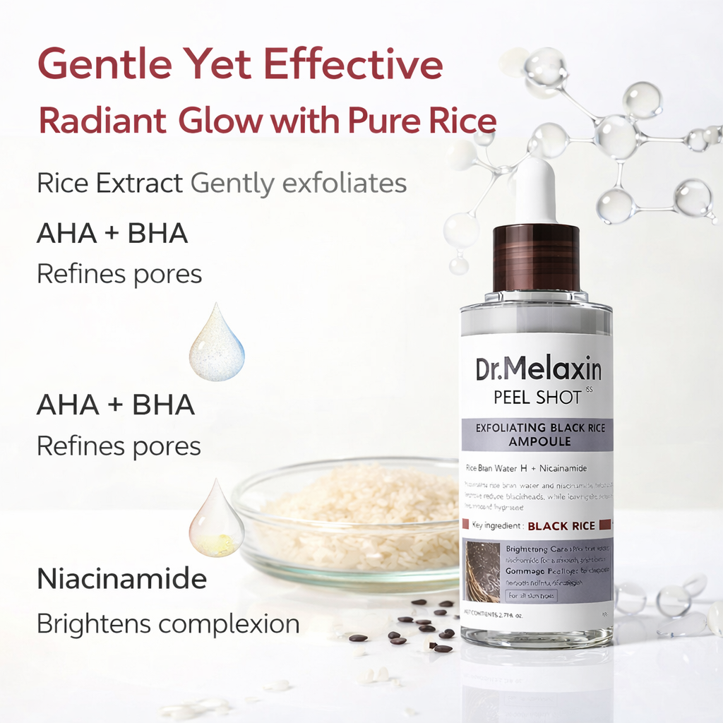 Dr. Melaxin Peel Shot Glow Black Rice Exfoliating Ampoule – AHA BHA Peeling Serum for Smooth & Radiant Skin (80ml)